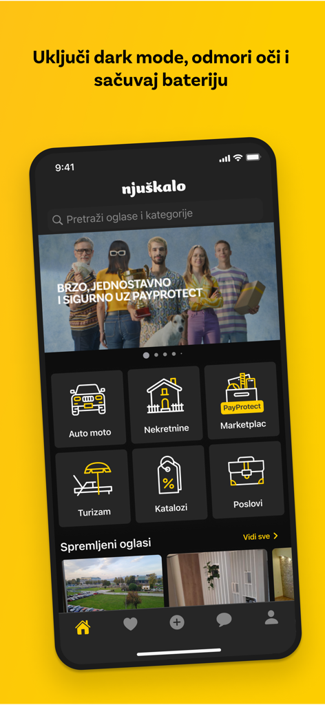 Njuškalo - Oberfläche der Njuskalo Marktplatz-App im Dunkelmodus, die Kategorien für Autos und Immobilien anzeigt