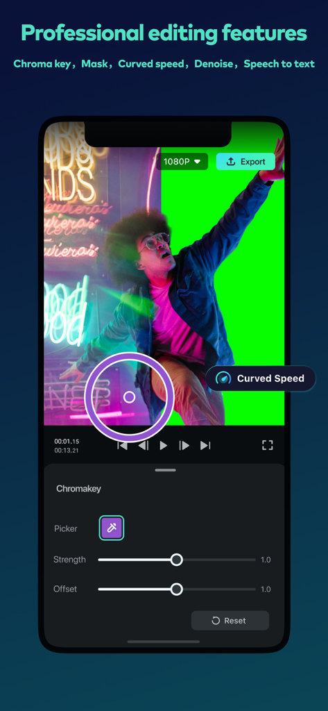 Filmora HD mobile app interface showing professional chroma key video editing with a green screen background