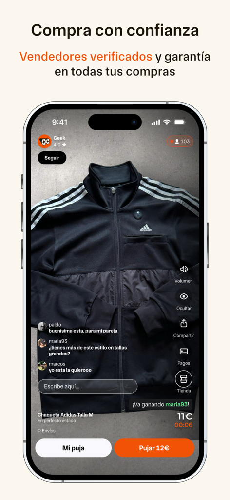 Subasta en vivo de una chaqueta vintage en la aplicación de compras Geek con pujas en tiempo real