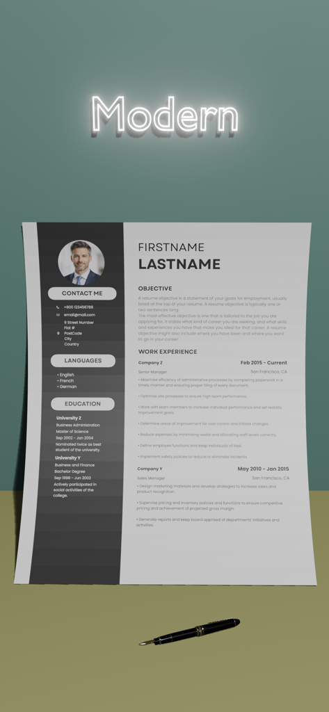 Professional Resume Builder - A modern and professional resume template with a clean layout and profile photo.
