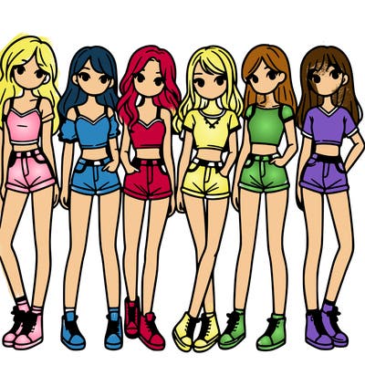 a group of girls wearing crop tops and shorts