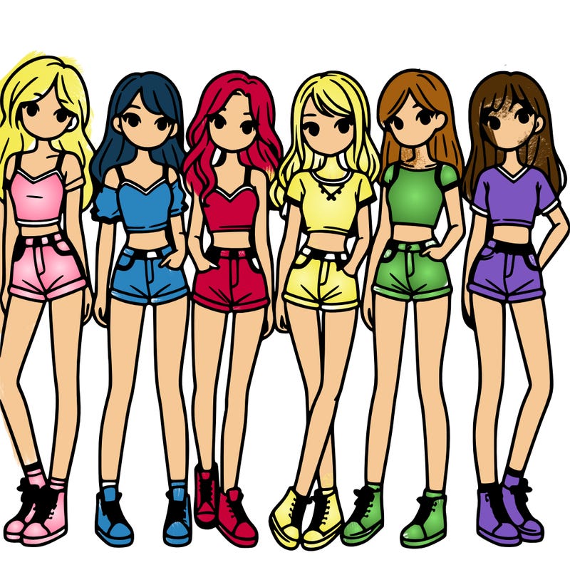 a group of girls wearing crop tops and shorts