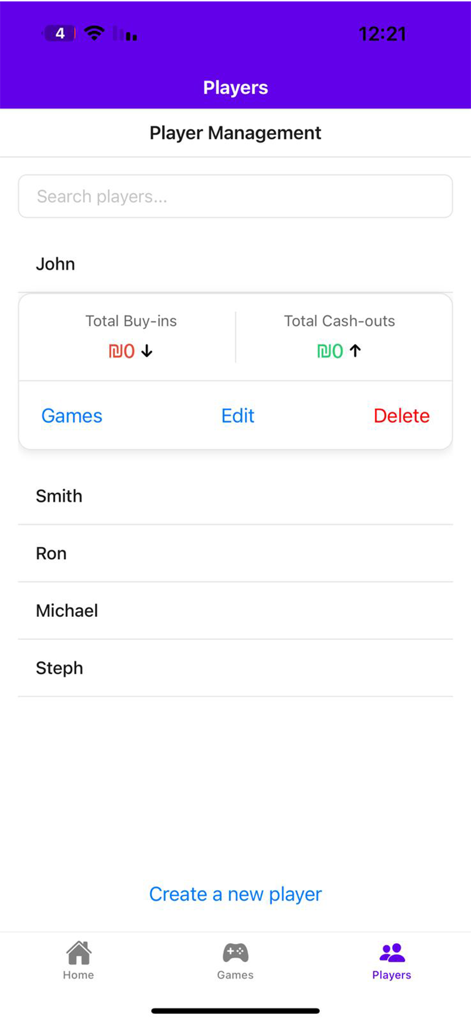 Poker Buy Manager - Tela de gerenciamento de jogadores mostrando uma lista de jogadores de poker com detalhes de compra e saque