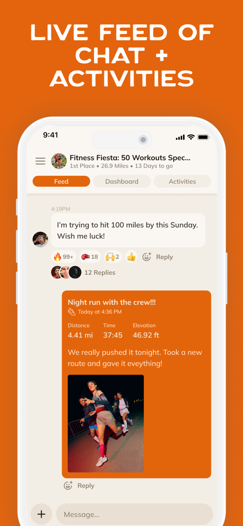 Challenge Hound - Screenshot of Challenge Hound app showing a live social feed with fitness goals, participant chat, and group run activity tracking.