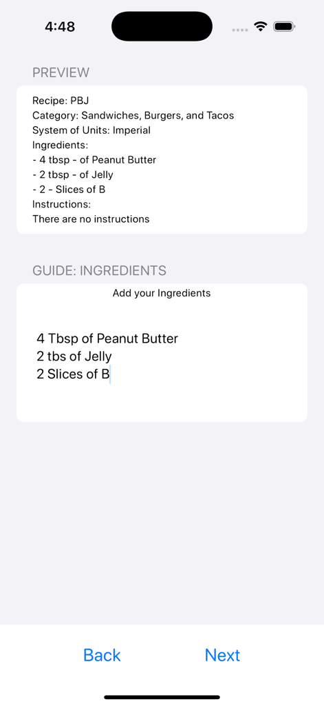 A screen in The Recipe Notebook app showing a recipe preview and a section to add ingredients for a PBJ sandwich.