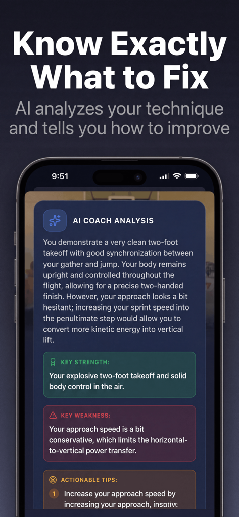 DunkMax: Vertical Jump Trainer - Interface do aplicativo DunkMax mostrando feedback detalhado de análise do treinador de IA de um salto vertical com pontos fortes e fracos