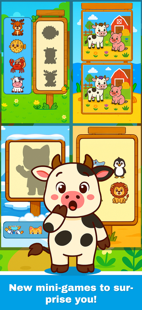 Preschool mini games featuring animal shadow matching and memory puzzles for toddlers