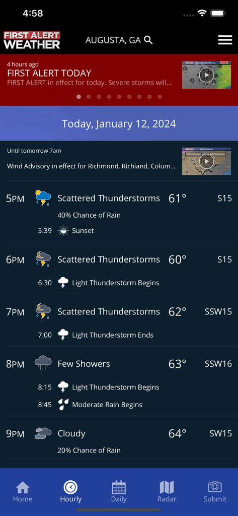 Hourly weather forecast for Augusta Georgia displaying scattered thunderstorms on the WRDW Weather app.