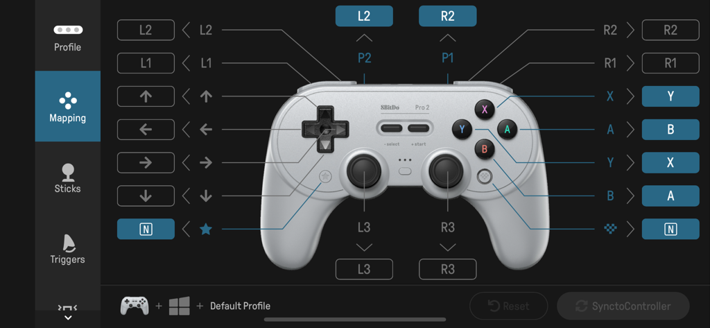 Interface of the 8BitDo Ultimate Software showing button mapping options for a Pro 2 controller