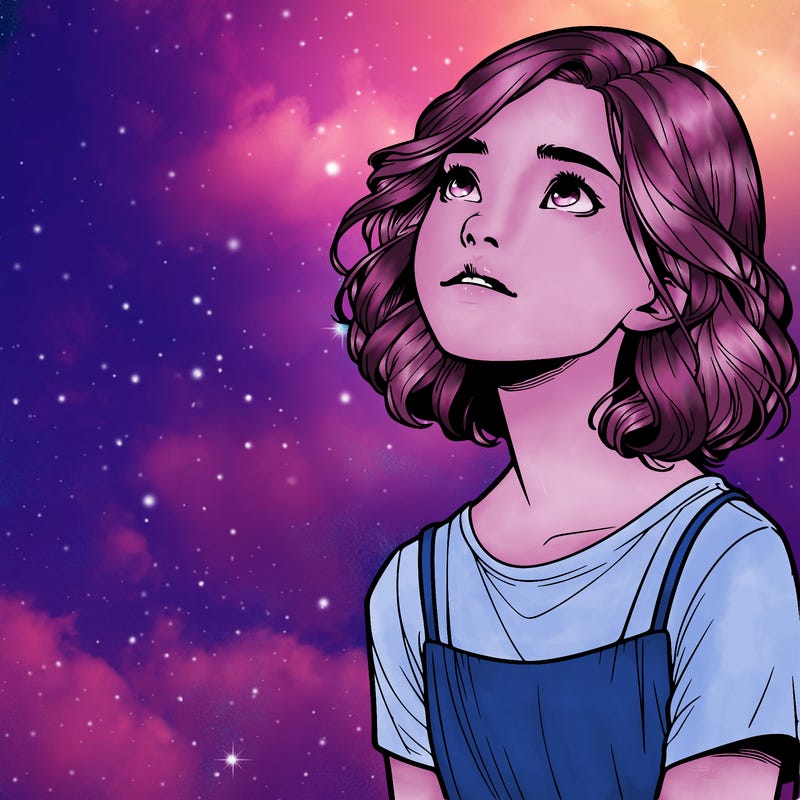 realistic girl looking up at the sky