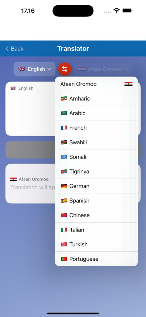 Afan Oromo English Dictionary - Language selection menu in the translator feature of the Afan Oromo English Dictionary app showing various languages including Amharic and Swahili