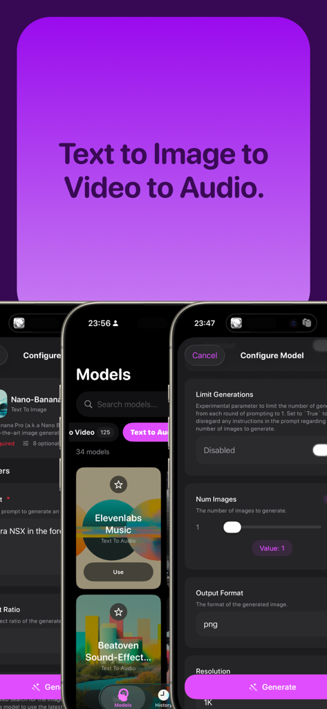 Oberfläche der Fortune AI Playground App mit einer Liste von KI-Modellen und Konfigurationseinstellungen für Text-zu-Bild-, Video- und Audiogenerierung