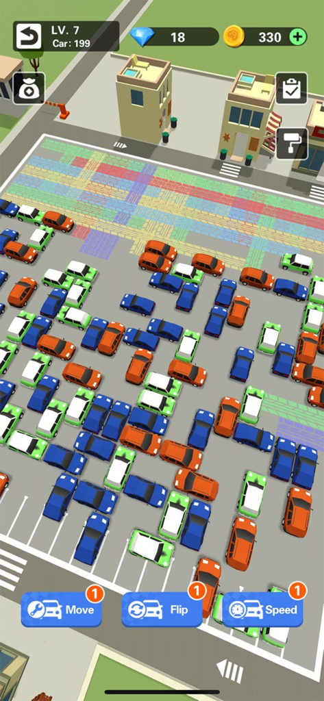 Crazy Parking Car Master - Vista desde arriba de un puzle de juego de aparcamiento 3D abarrotado con múltiples coches de colores y controles del juego