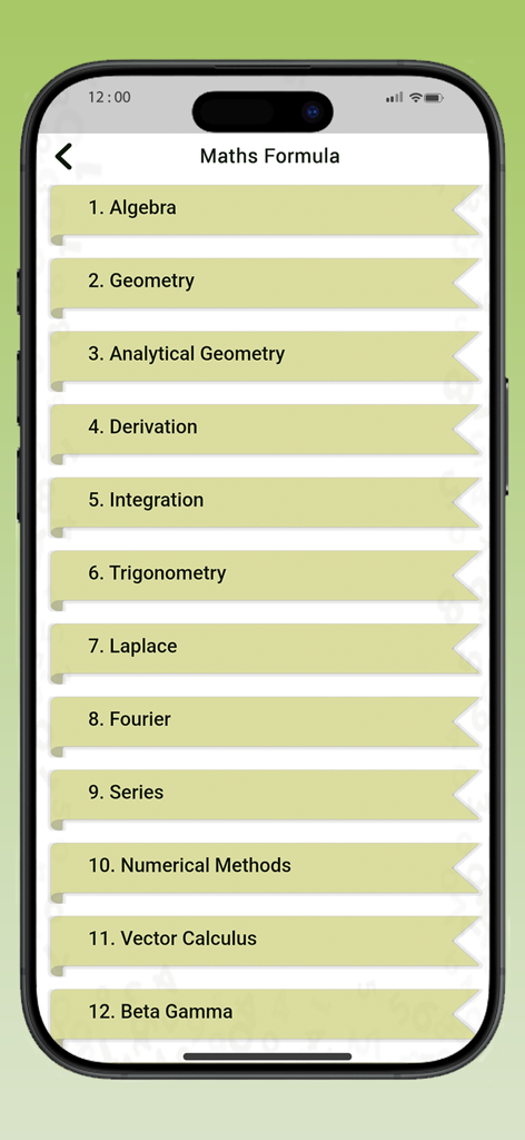 Main menu of the All Maths Formulas app showing a list of math categories like Algebra and Geometry