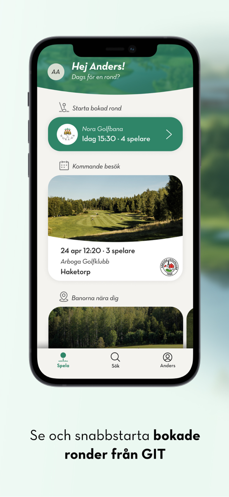 Caddee - The Caddee app dashboard showing a scheduled tee time at Nora Golfbana and upcoming golf course visits