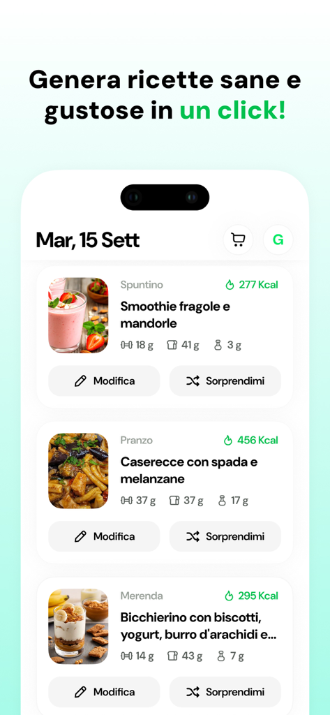 olivia: ricette su misura - Olivia app interface displaying a personalized daily meal plan with healthy recipes and calorie details