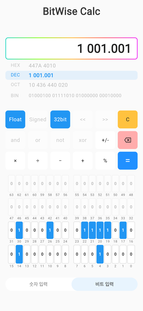 BitWise Calculator Pro interface showing decimal binary and hexadecimal conversions with a visual bit pad