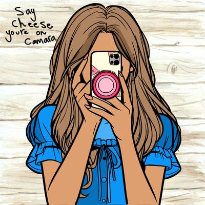 a realistic girl holding her phone taking pictures