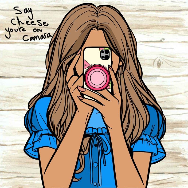 a realistic girl holding her phone taking pictures