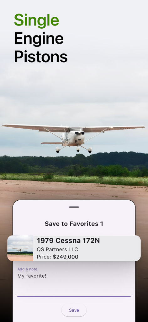 A screenshot of the BuyPlane app showing a 1979 Cessna 172N airplane listing being saved to favorites with a price of 249,000 dollars.