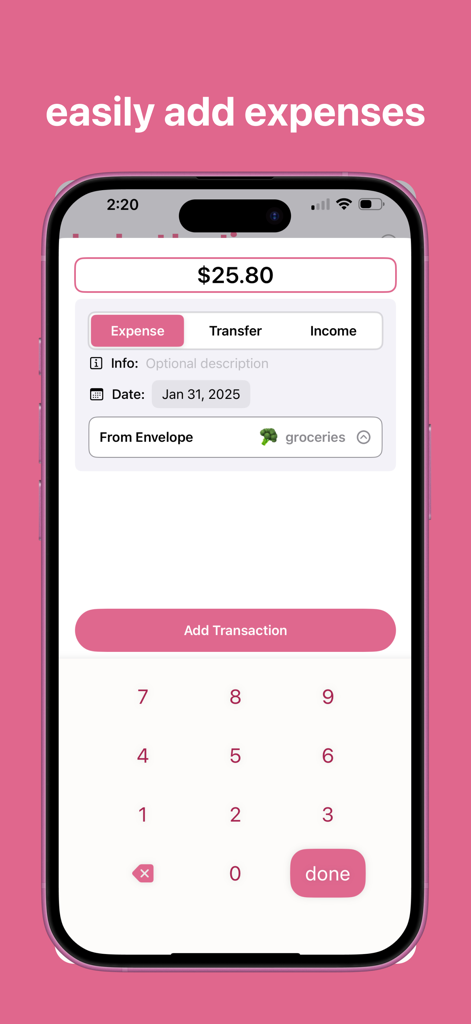 Budget Bestie 앱의 스크린샷으로 25달러 식료품 거래에 대한 지출 추가 화면이 표시됨