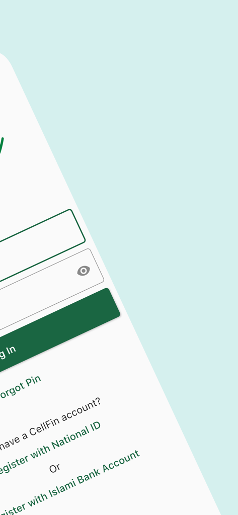 CellFin App-Anmeldeoberfläche mit Registrierungsoptionen für Personalausweis und Islami Bank-Konten