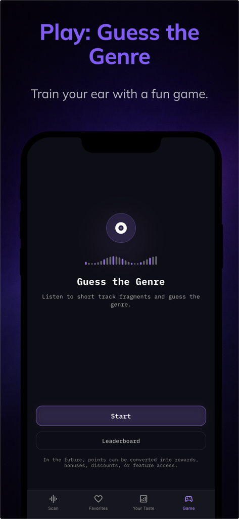 Genre AI: Music Genre ID - A mobile screen showing the Guess the Genre game feature in the Genre AI app with start and leaderboard buttons