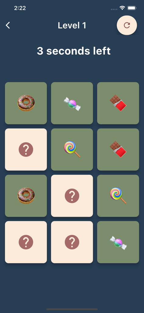 Memory Games: Match Pairs Card - A memory card matching game screen showing pairs of sweets including donuts, lollipops, and chocolate bars on a grid.