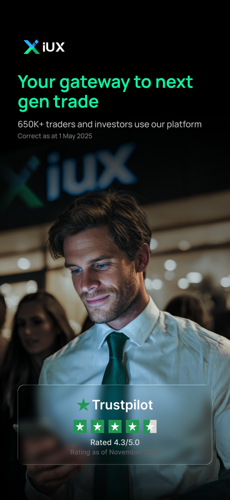 A professional trader using the IUX online trading app with a highlighted Trustpilot rating of 4.3 stars.