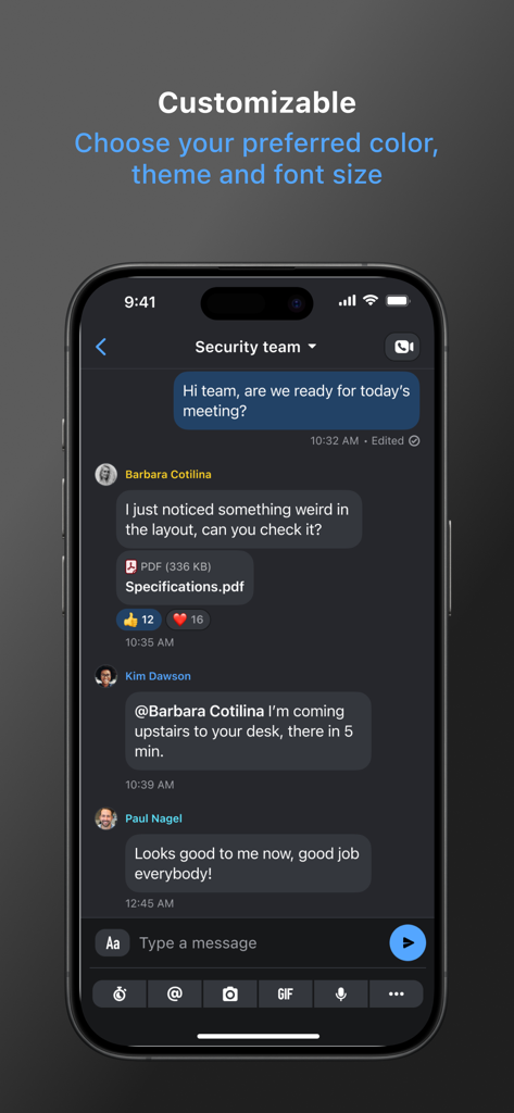 Wire • Secure Messenger - Wire Secure Messenger App Gruppenchat-Oberfläche mit Dunkelmodus und Anpassungsoptionen