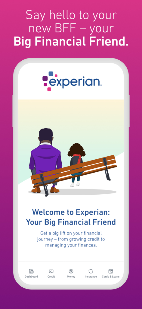 Experian® - Experian mobile app intro screen with Big Financial Friend messaging and characters illustration