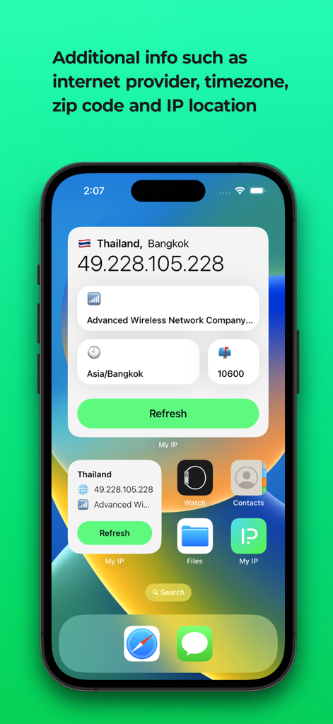 My IP Widget - Pantalla de inicio de iOS con My IP Widget mostrando detalles de red como dirección IP, ISP y ubicación.