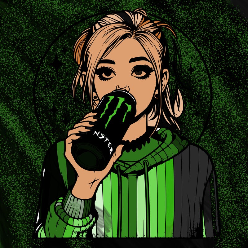 realistic girl drinking monster energy drink