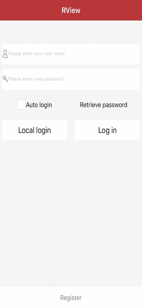 La interfaz de inicio de sesión de la aplicación móvil RView que muestra campos para nombre de usuario y contraseña junto con los botones de inicio de sesión y registro.