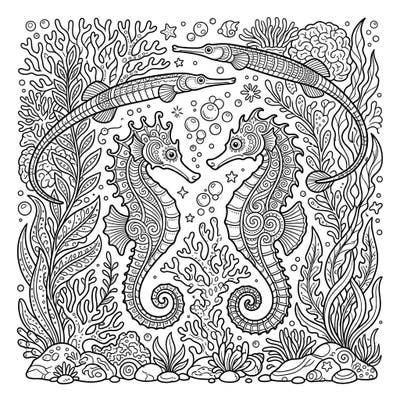 Discover the intricate beauty of the ocean with this stunning coloring page featuring elegant seahorses and slender pipefish. Immerse yourself in a world of detailed marine life, ready for your creative touch.