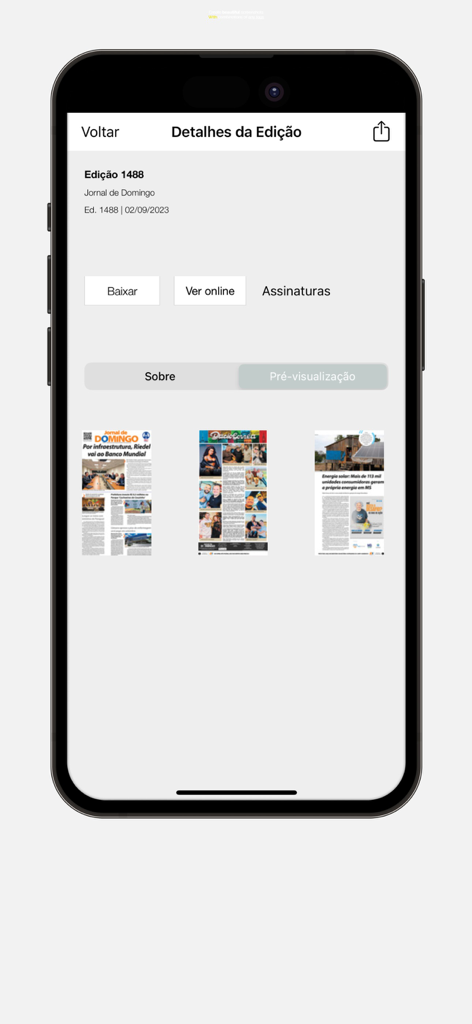 JD1 - Mobile app screen showing the digital edition details and preview of Jornal de Domingo newspaper