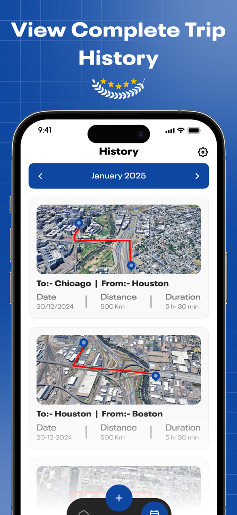 Smart Truck Route Nav - IFTA - Bildschirm einer mobilen App, der eine detaillierte Liste abgeschlossener LKW-Fahrten mit Karten und Distanzprotokollen anzeigt