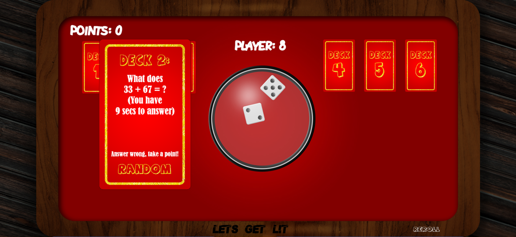 Lets Get Lit - A digital party game interface showing a red challenge card with a math question and dice on a red tabletop background.