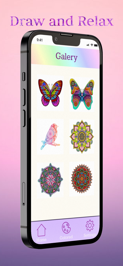 A mobile phone screen displaying a gallery of butterfly and mandala coloring templates in the Coloring Book Adults Games app.