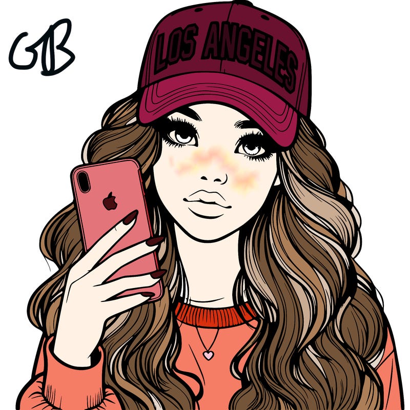 realistic beautiful girl wearing los ángeles cap holding an iphone