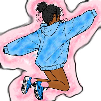 realistic girl jumping with a bun and oversized sweatshirt