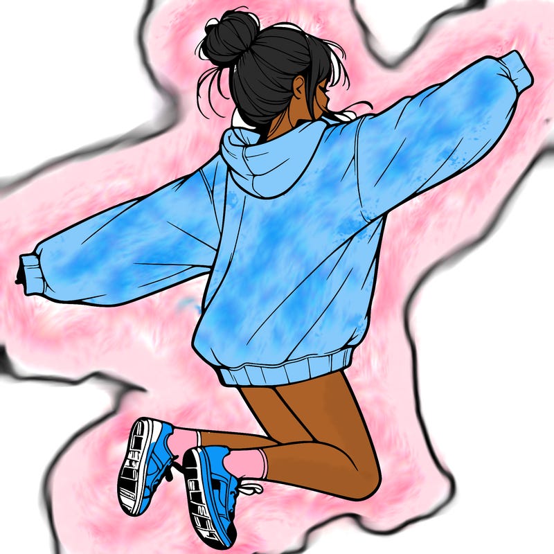 realistic girl jumping with a bun and oversized sweatshirt
