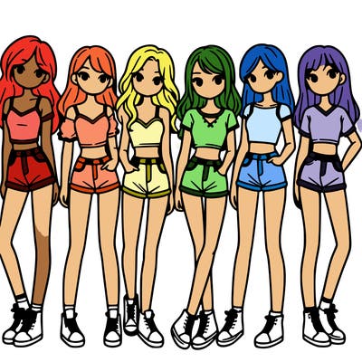 a group of girls wearing crop tops and shorts