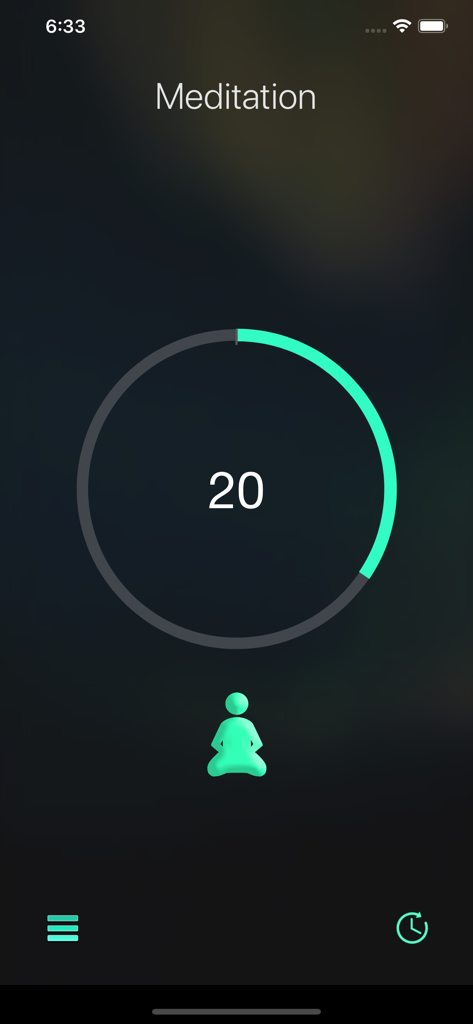 MeditatorMate - Interface of the MeditatorMate app featuring a 20 minute meditation countdown timer with a circular progress bar and a minimalist icon of a person meditating.
