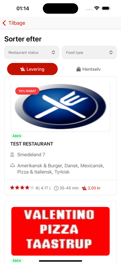EatOnline mobile app interface showing a list of available restaurants for food delivery with ratings and delivery times