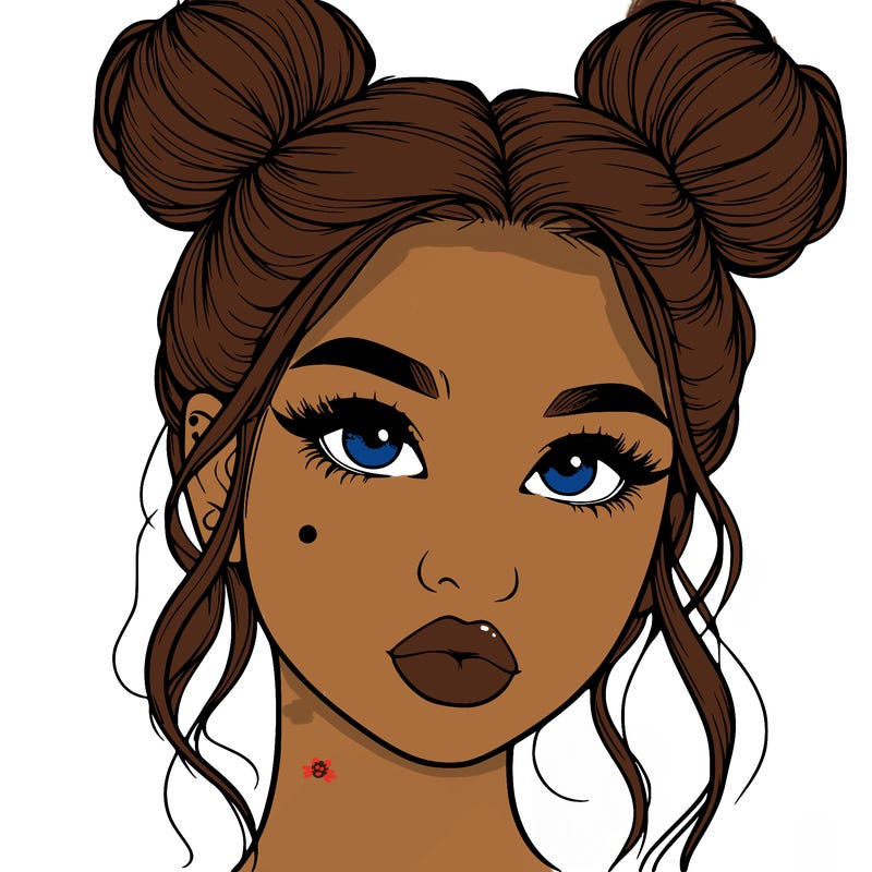 realistic girl with two buns on her hair and lips