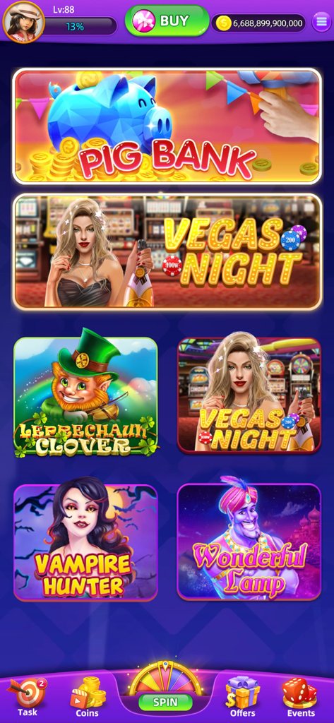 Lucky Spin Slot Machines - Menu principal de Lucky Spin Slot Machines montrant divers jeux de machines à sous thématiques et une tirelire en forme de cochon