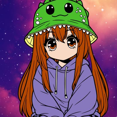 girl with anime shaped eyes with a dinosaur bucket hat oversized sweatshirt long straight hair
