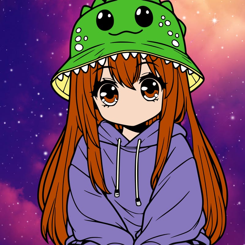 girl with anime shaped eyes with a dinosaur bucket hat oversized sweatshirt long straight hair
