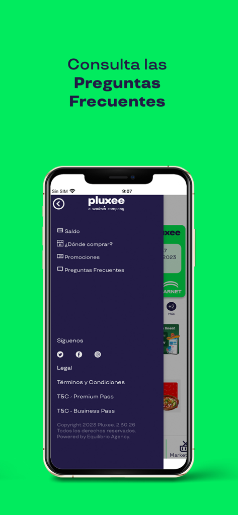 Schermata dello smartphone che mostra il menu laterale dell'app Pluxee con opzioni di navigazione come saldo e FAQ